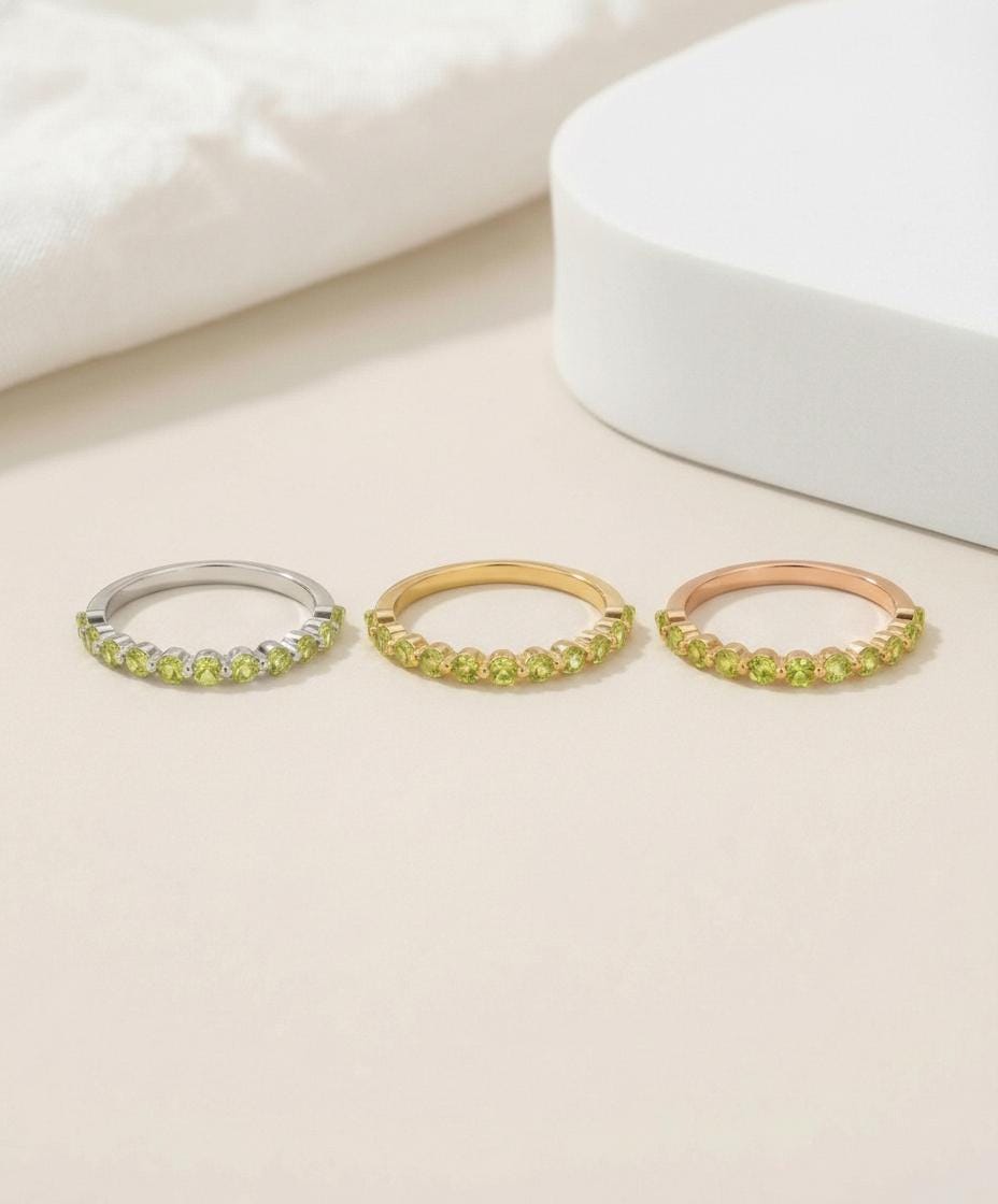 2.0 mm Single Prong Peridot Ring, August Birthstone, Half Eternity Stackable Band, Peridot Wedding Band, Stacking Ring