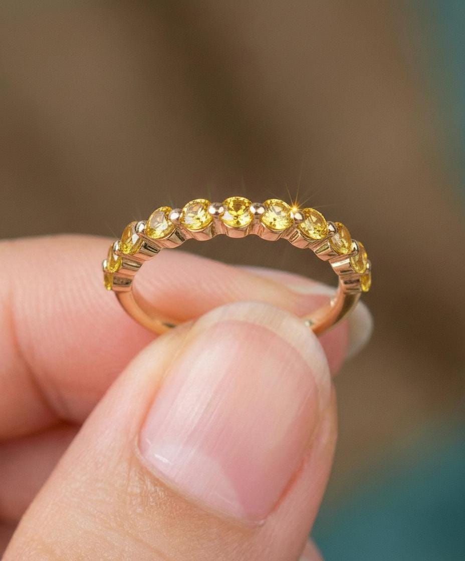 2.0 mm Single Prong Citrine Ring, November Birthstone, Half Eternity Stackable Band, Citrine Wedding Band, Stacking Ring