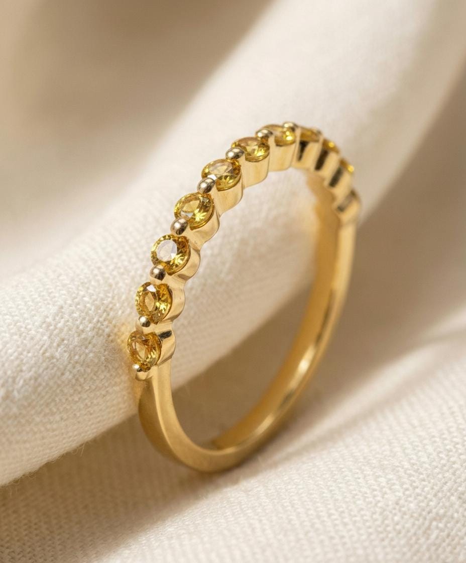 2.0 mm Single Prong Citrine Ring, November Birthstone, Half Eternity Stackable Band, Citrine Wedding Band, Stacking Ring