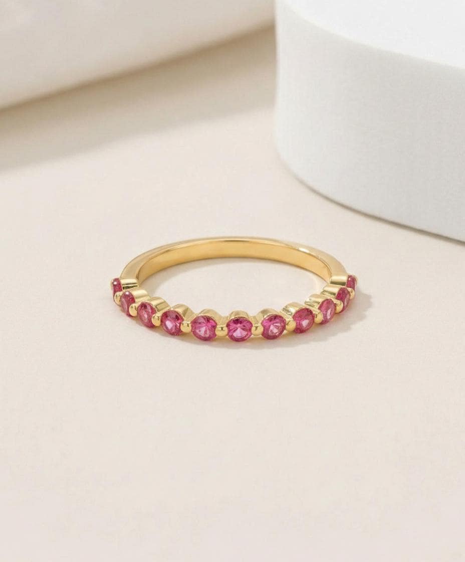 2.0 mm Single Prong Pink Tourmaline Ring, October Birthstone, Half Eternity Stackable Band, Pink Tourmaline Wedding Band, Stacking Ring