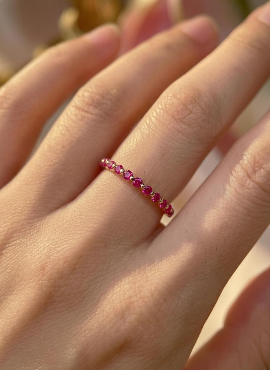2.0 mm Single Prong Pink Tourmaline Ring, October Birthstone, Half Eternity Stackable Band, Pink Tourmaline Wedding Band, Stacking Ring