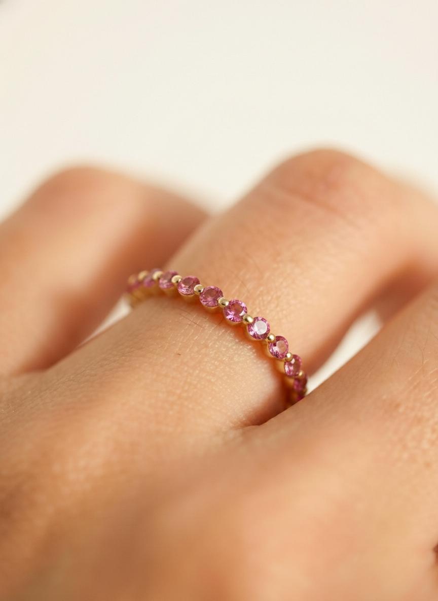 2.0 mm Single Prong Pink Tourmaline Ring, October Birthstone, Half Eternity Stackable Band, Pink Tourmaline Wedding Band, Stacking Ring