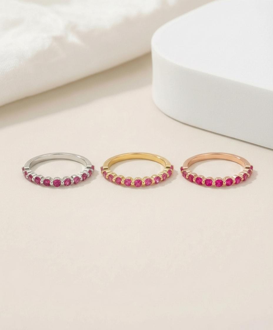 2.0 mm Single Prong Pink Tourmaline Ring, October Birthstone, Half Eternity Stackable Band, Pink Tourmaline Wedding Band, Stacking Ring