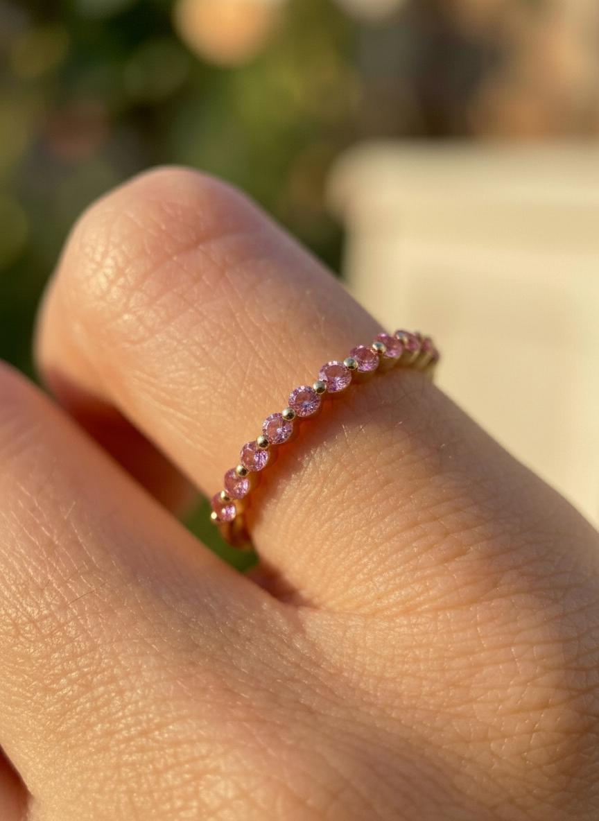 2.0 mm Single Prong Pink Tourmaline Ring, October Birthstone, Half Eternity Stackable Band, Pink Tourmaline Wedding Band, Stacking Ring