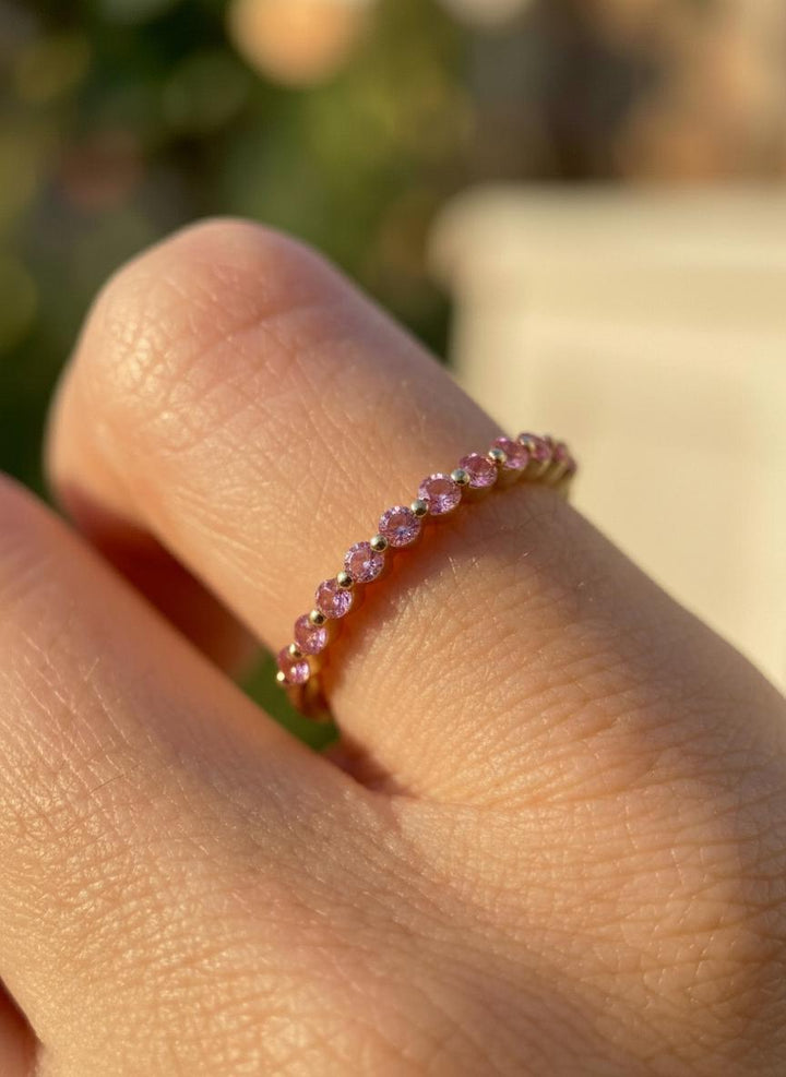 2.0 mm Single Prong Pink Tourmaline Ring, October Birthstone, Half Eternity Stackable Band, Pink Tourmaline Wedding Band, Stacking Ring