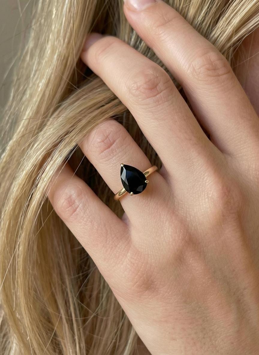 Black Onyx Birthstone  Ring, Pear Cut Solitaire Engagement Ring, January Gemstone, Teardrop Promise Ring