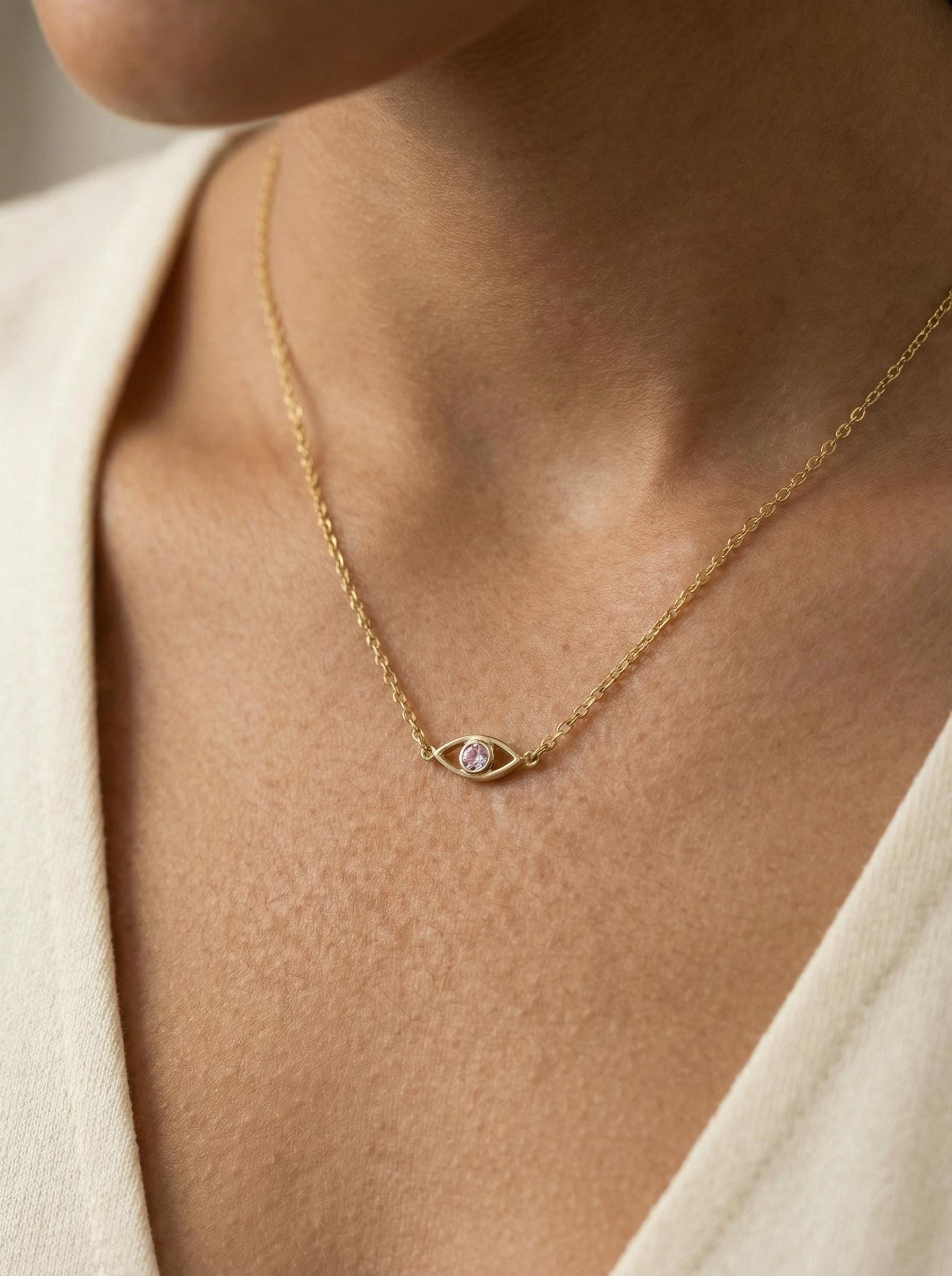 Pink Sapphire Evil Eye Necklace, Good Luck Necklace, September Birthstones Gift, Protection Necklace, Layering Necklace Gift for Her