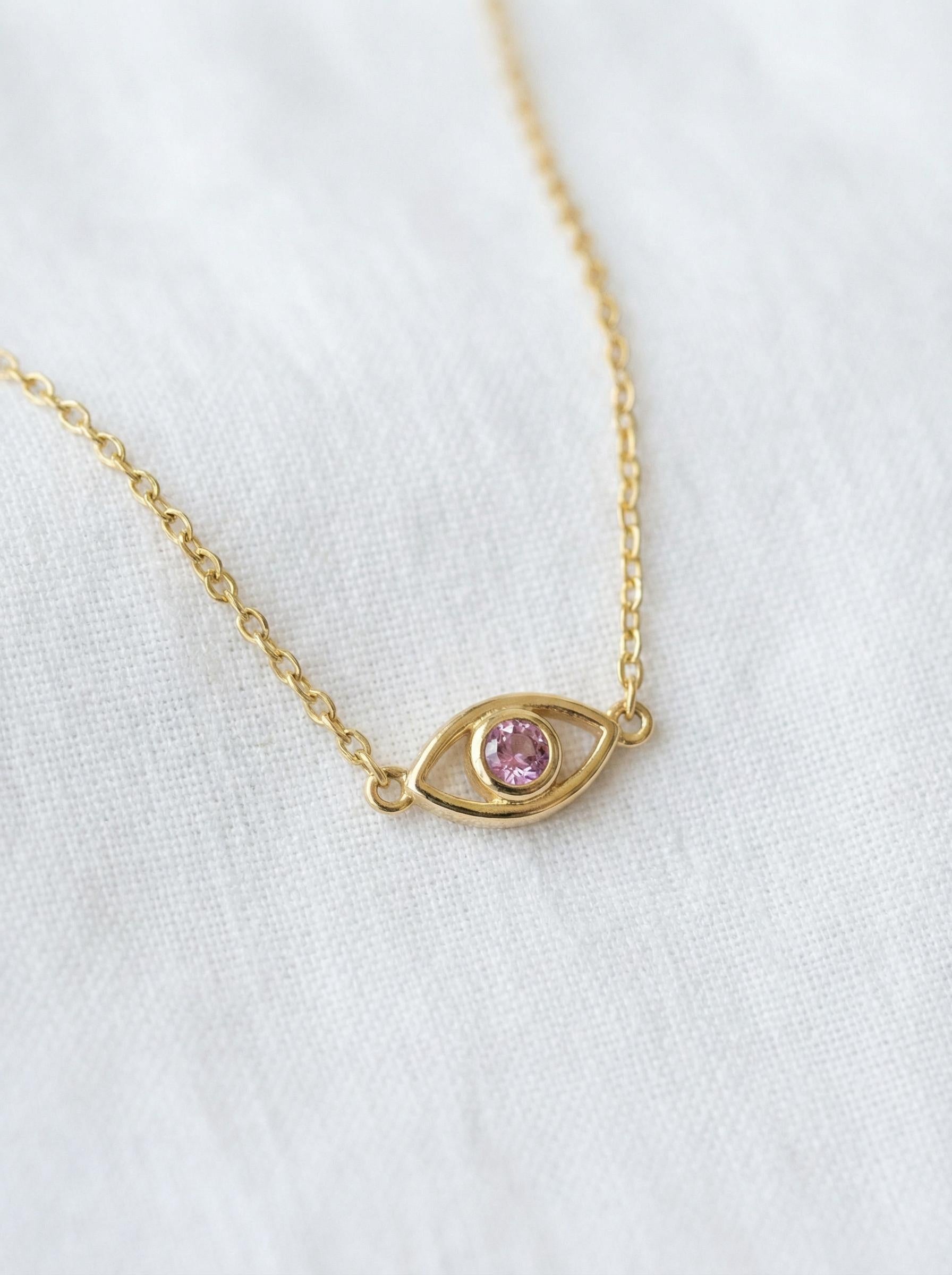 Pink Sapphire Evil Eye Necklace, Good Luck Necklace, September Birthstones Gift, Protection Necklace, Layering Necklace Gift for Her