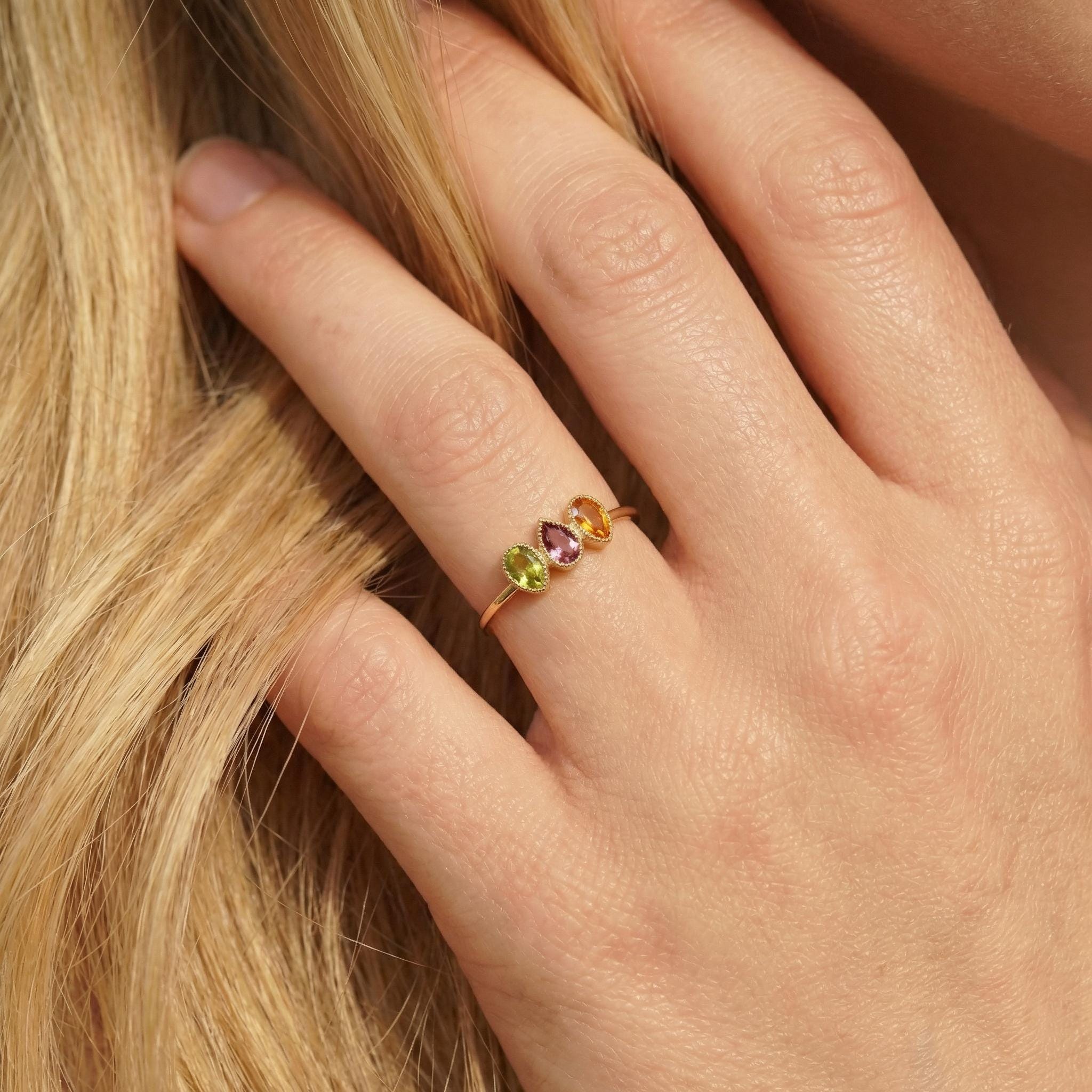 Custom Birthstones Ring Setting Three Stone Pear Bezel Mounting Mothers Ring Family Jewelry Personalized Gift
