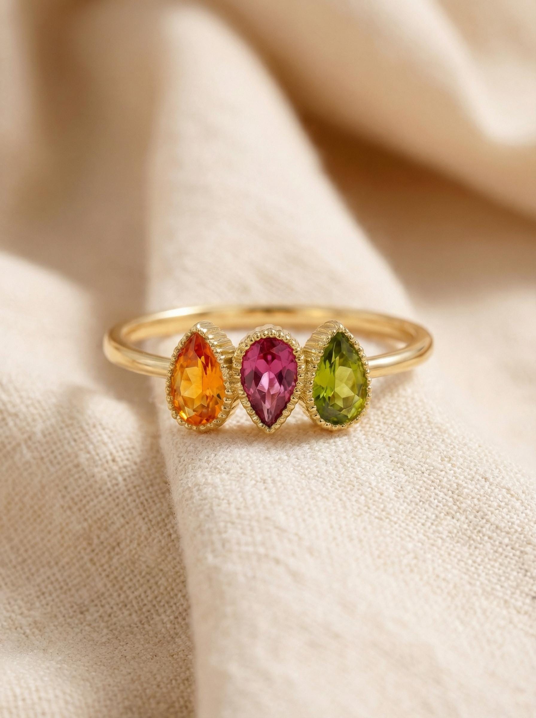 Custom Birthstones Ring Setting Three Stone Pear Bezel Mounting Mothers Ring Family Jewelry Personalized Gift