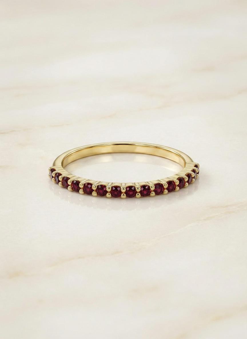 Shared Prong Garnet Wedding Band, January Birthstone Ring, Classic Wedding Ring, Women Wedding Band