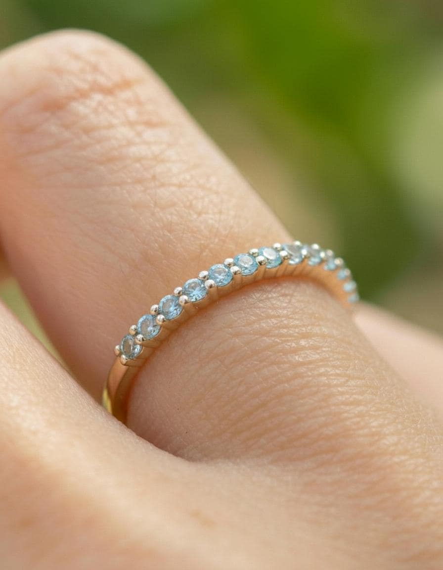 Aquamarine Ring Wedding Band Birthday Gift  Half Eternity Stacking Ring March Birthstone Anniversary Jewelry Promise Ring for Her