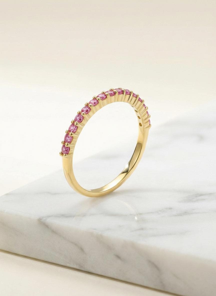 Shared Prong Pink Sapphire Wedding Band, September Birthstone Ring, Classic Wedding Ring, Women Wedding Band