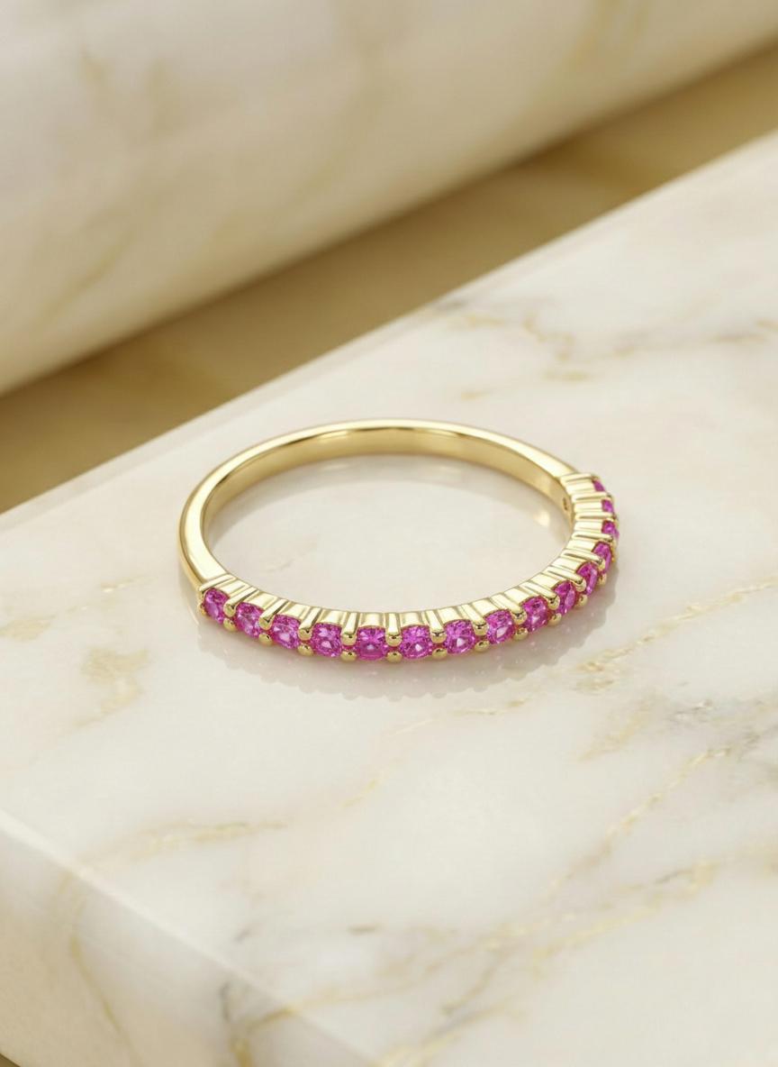 Shared Prong Pink Sapphire Wedding Band, September Birthstone Ring, Classic Wedding Ring, Women Wedding Band