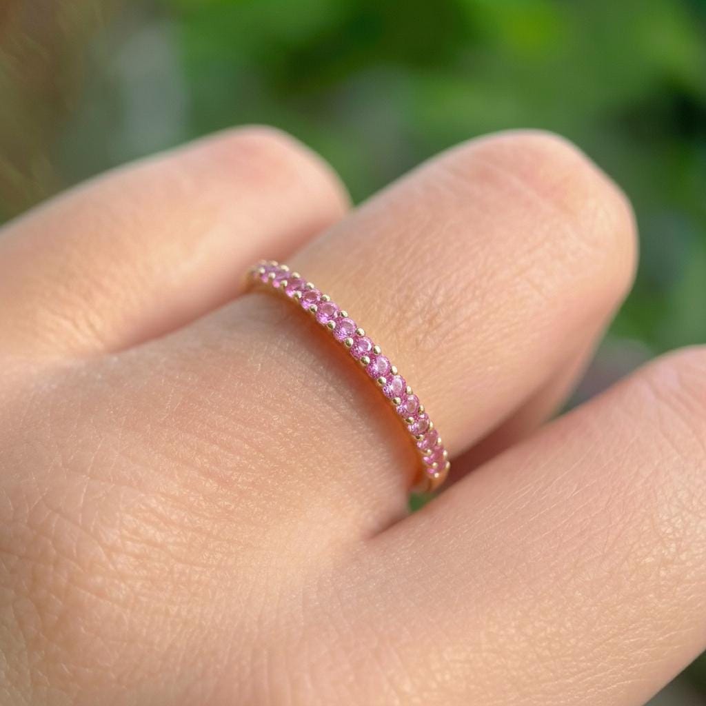 Shared Prong Pink Sapphire Wedding Band, September Birthstone Ring, Classic Wedding Ring, Women Wedding Band