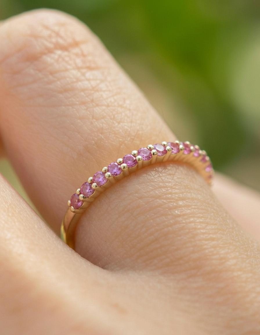 Shared Prong Pink Sapphire Wedding Band, September Birthstone Ring, Classic Wedding Ring, Women Wedding Band