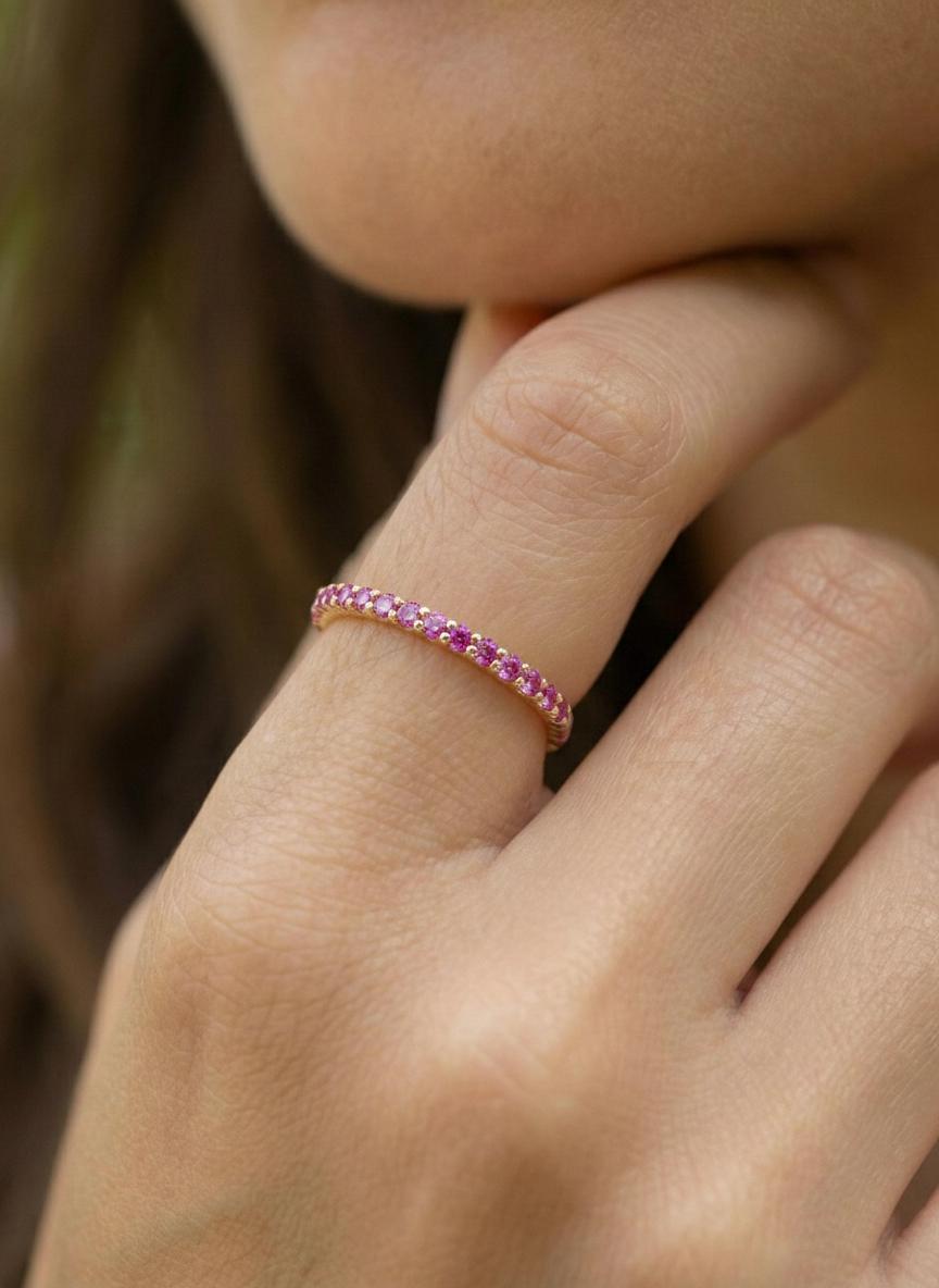 Shared Prong Pink Sapphire Wedding Band, September Birthstone Ring, Classic Wedding Ring, Women Wedding Band