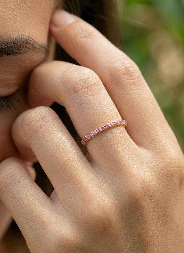 Shared Prong Pink Sapphire Wedding Band, September Birthstone Ring, Classic Wedding Ring, Women Wedding Band