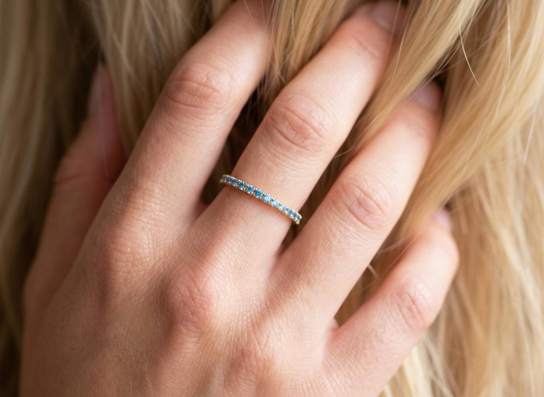 Shared Prong Topaz Wedding Band, November Birthstone Ring, Classic Wedding Ring, Women Wedding Band
