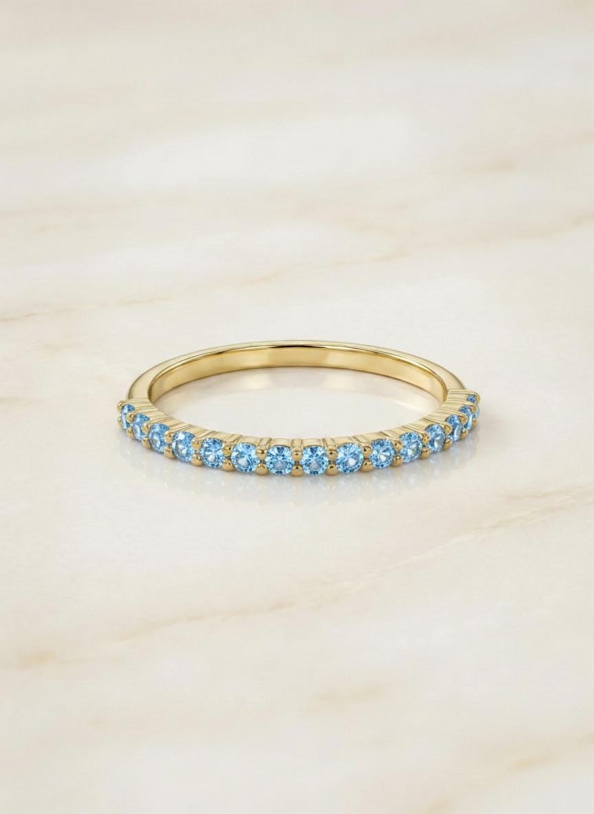 Shared Prong Topaz Wedding Band, November Birthstone Ring, Classic Wedding Ring, Women Wedding Band
