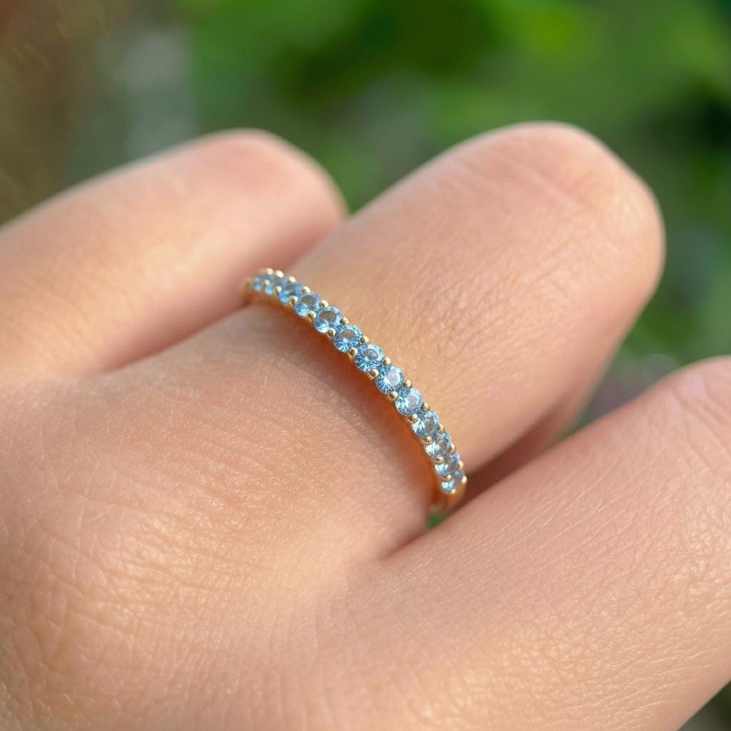 Shared Prong Topaz Wedding Band, November Birthstone Ring, Classic Wedding Ring, Women Wedding Band