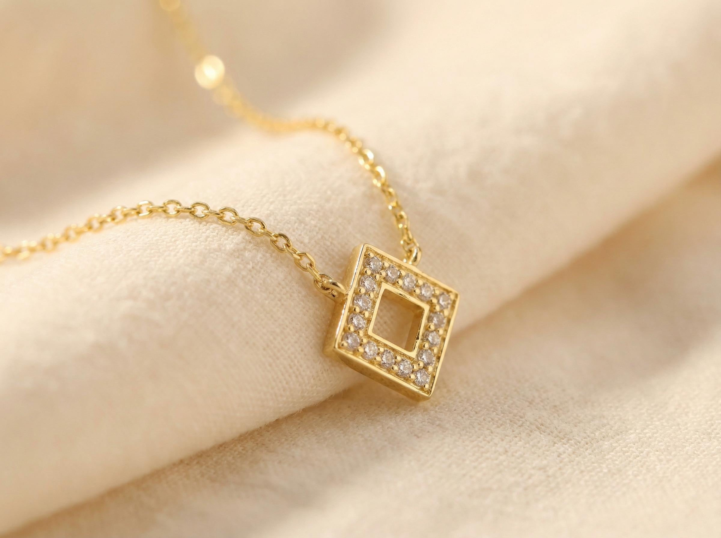Diamond Open Square Necklace Geometric Pendant Necklace Gift for Her Minimalist Square Necklace Dainty Diamond Necklace for Women