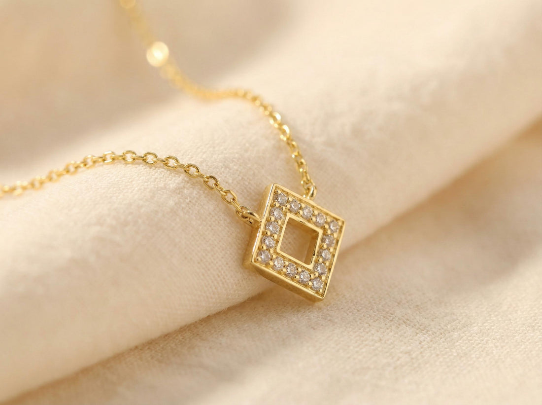 Diamond Open Square Necklace Geometric Pendant Necklace Gift for Her Minimalist Square Necklace Dainty Diamond Necklace for Women