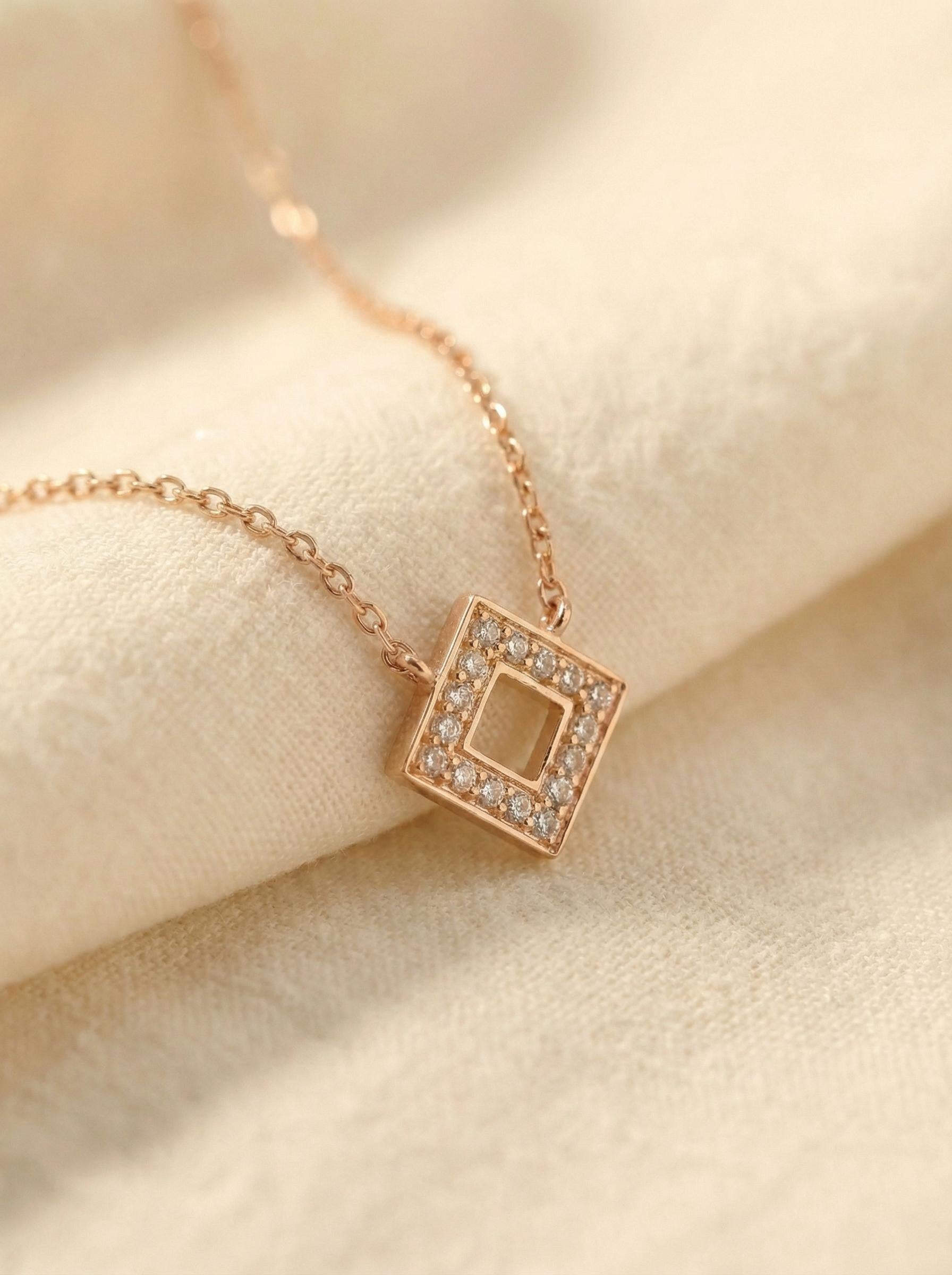 Diamond Open Square Necklace Geometric Pendant Necklace Gift for Her Minimalist Square Necklace Dainty Diamond Necklace for Women