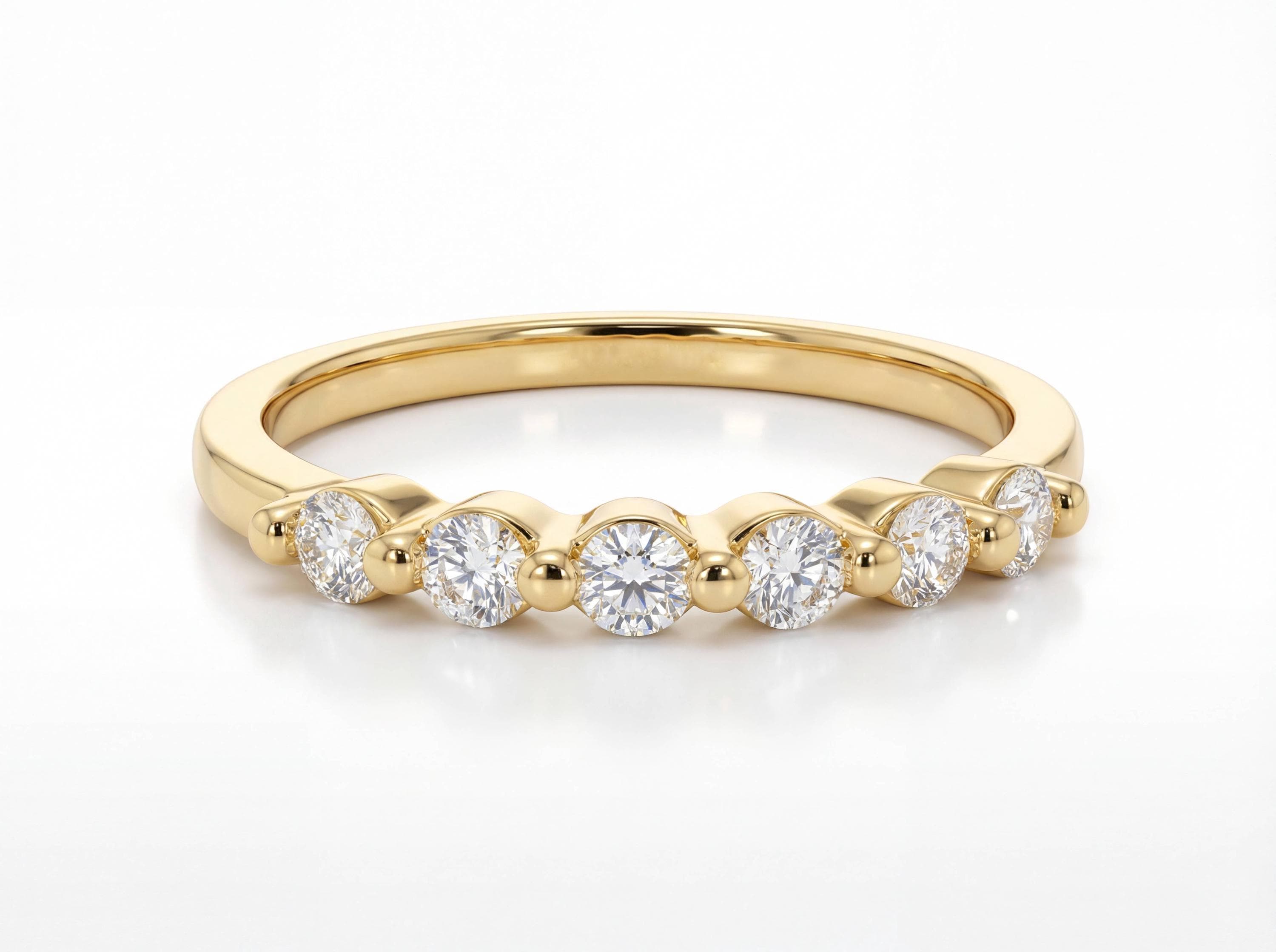 Moissanite Wedding Band Anniversary Gift 14K Gold Bubble Ring, 0.24ctw Round Floating Stacking Ring, Half Eternity Band 6 Stone