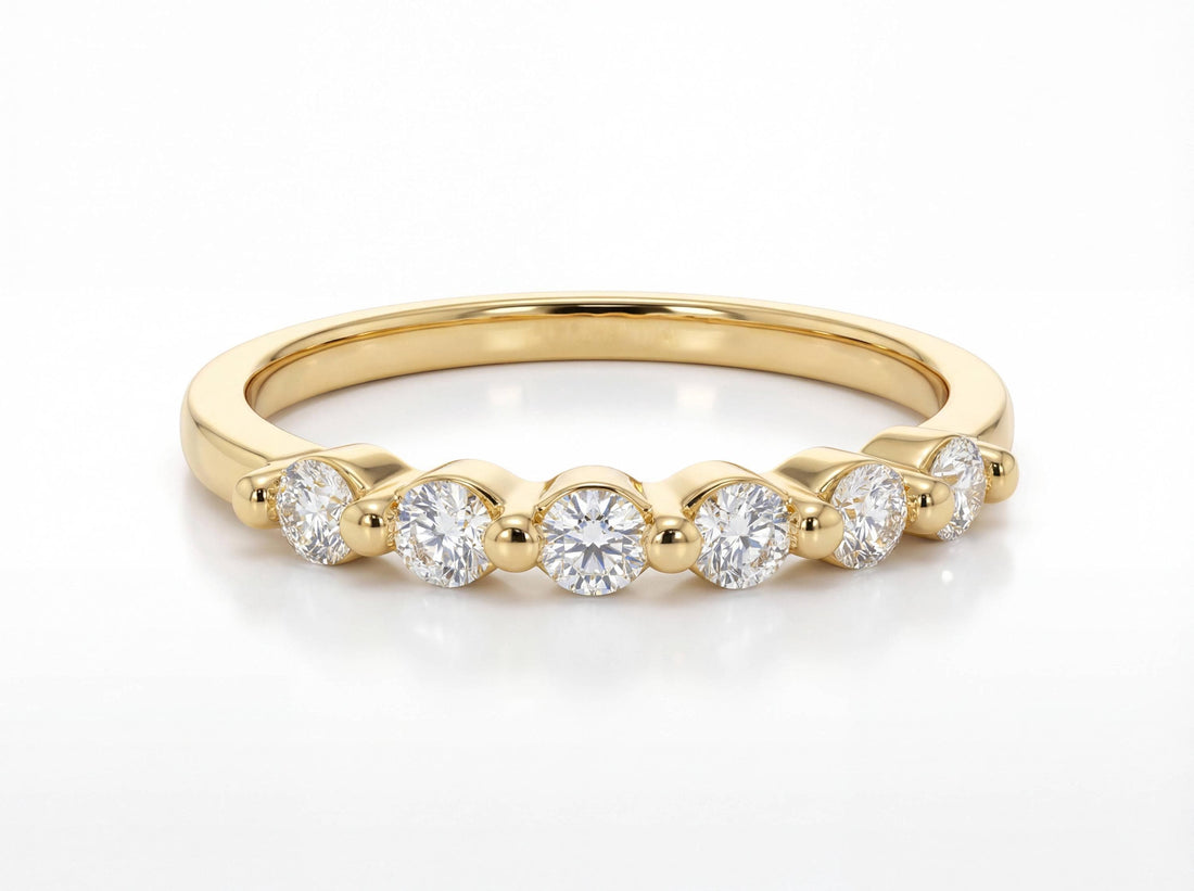 Moissanite Wedding Band Anniversary Gift 14K Gold Bubble Ring, 0.24ctw Round Floating Stacking Ring, Half Eternity Band 6 Stone