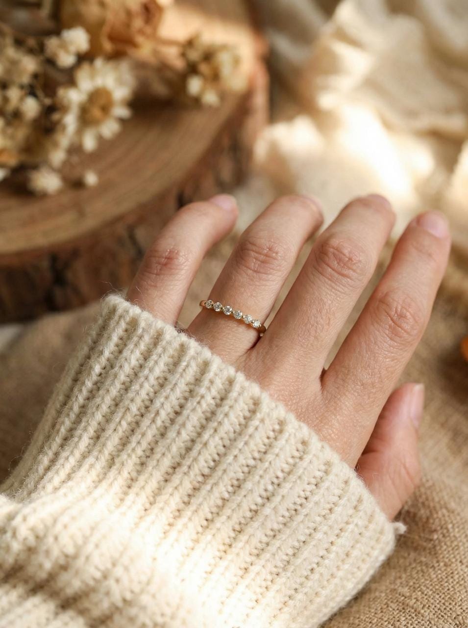 Moissanite Wedding Band Anniversary Gift 14K Gold Bubble Ring, 0.24ctw Round Floating Stacking Ring, Half Eternity Band 6 Stone