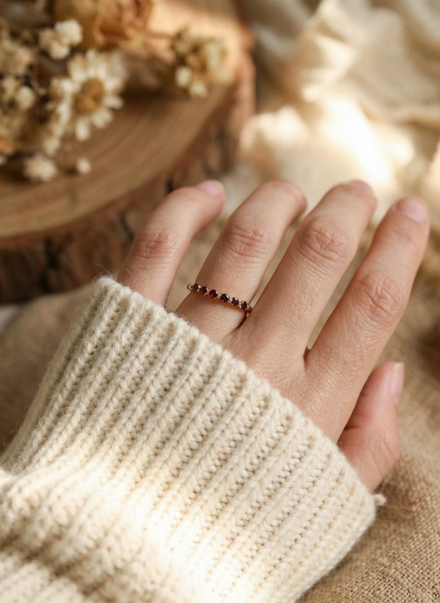 Garnet Ring Deep Red Wedding Band Anniversary Gift 14K Gold Scalloped Stacking Ring Half Eternity January Birthstone Custom Jewelry