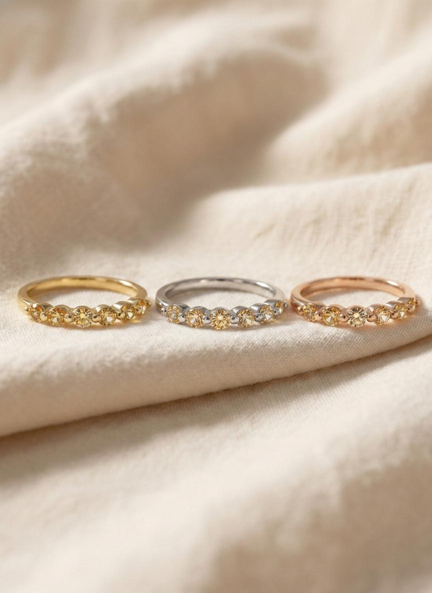 Citrine Wedding Band, 14K Gold 6 Stone Half Eternity Ring, November Birthstone Stacking Band, Golden Yellow Anniversary Ring