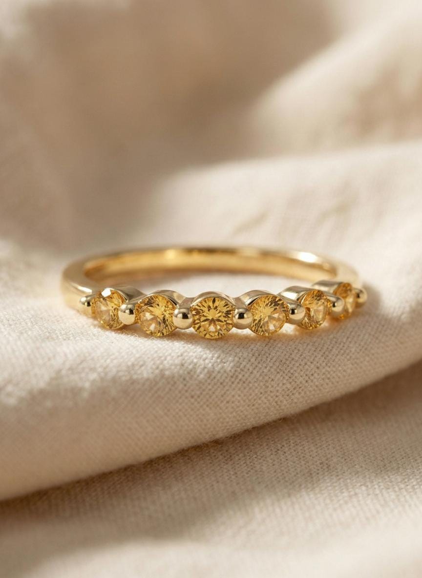 Citrine Wedding Band, 14K Gold 6 Stone Half Eternity Ring, November Birthstone Stacking Band, Golden Yellow Anniversary Ring