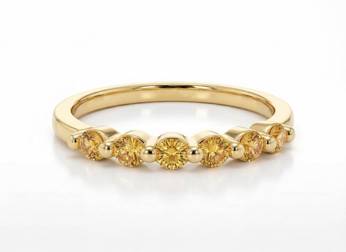 Citrine Wedding Band, 14K Gold 6 Stone Half Eternity Ring, November Birthstone Stacking Band, Golden Yellow Anniversary Ring