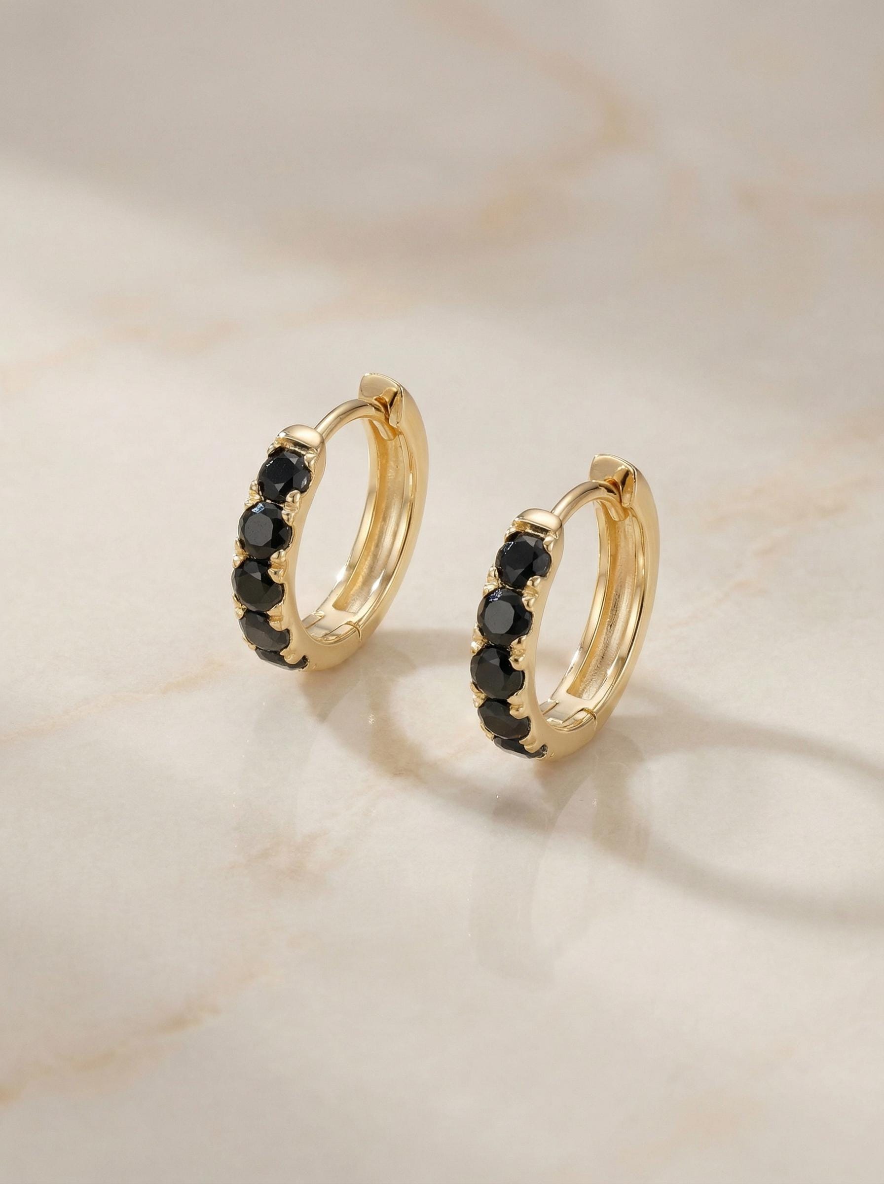 Five Stones Black Diamonds Hoop Earrings, 10mm Handmade Hoop Earrings, Huggie Hoops, Minimal Hoop Earrings, Holiday Gift for Her
