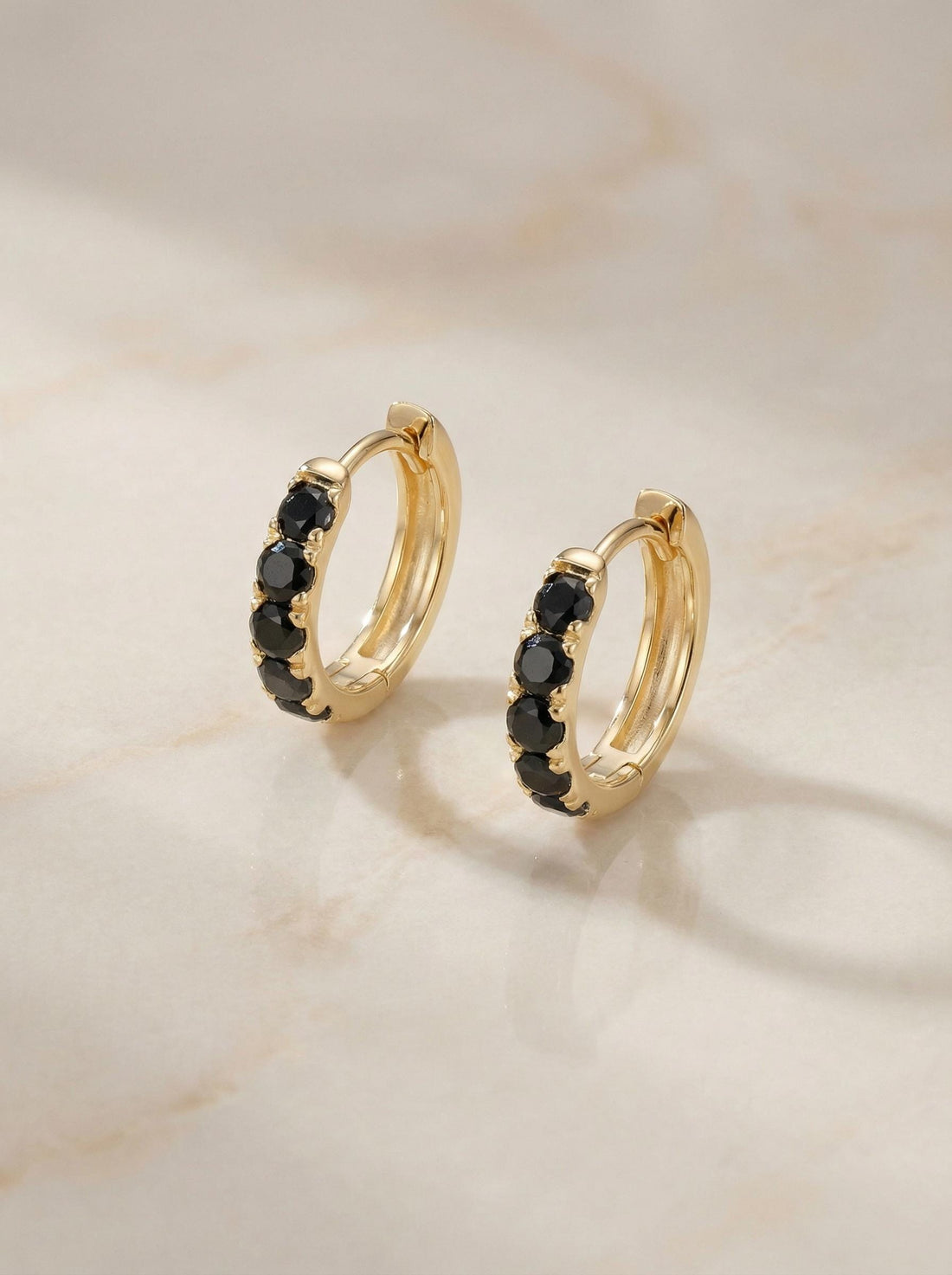 Five Stones Black Diamonds Hoop Earrings, 10mm Handmade Hoop Earrings, Huggie Hoops, Minimal Hoop Earrings, Holiday Gift for Her