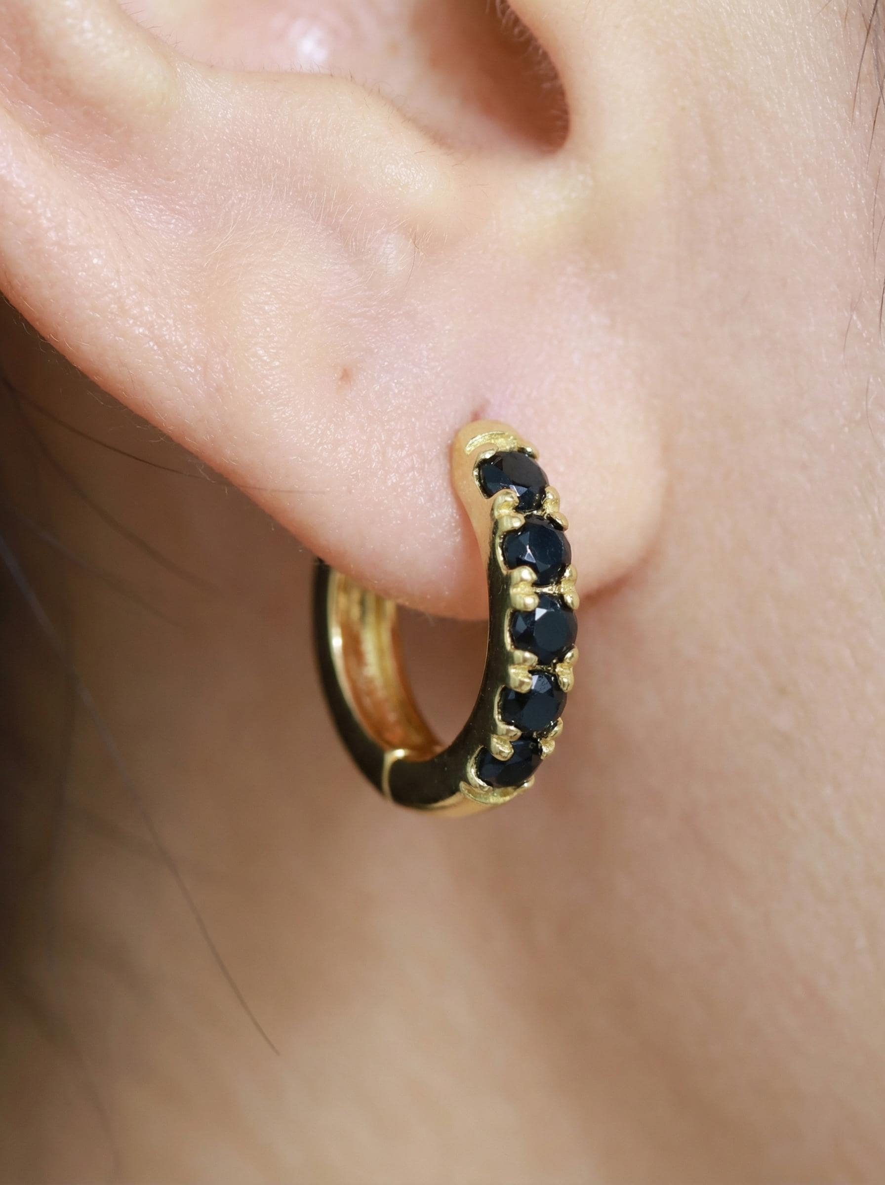 Five Stones Black Diamonds Hoop Earrings, 10mm Handmade Hoop Earrings, Huggie Hoops, Minimal Hoop Earrings, Holiday Gift for Her