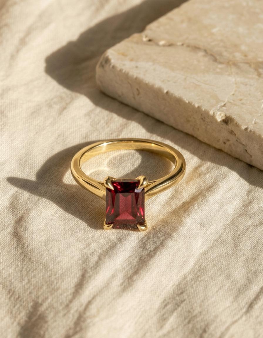 Emerald Cut Garnet Ring, Solitaire Engagement Ring, Minimalist Promise Ring for Her, January Birthstone