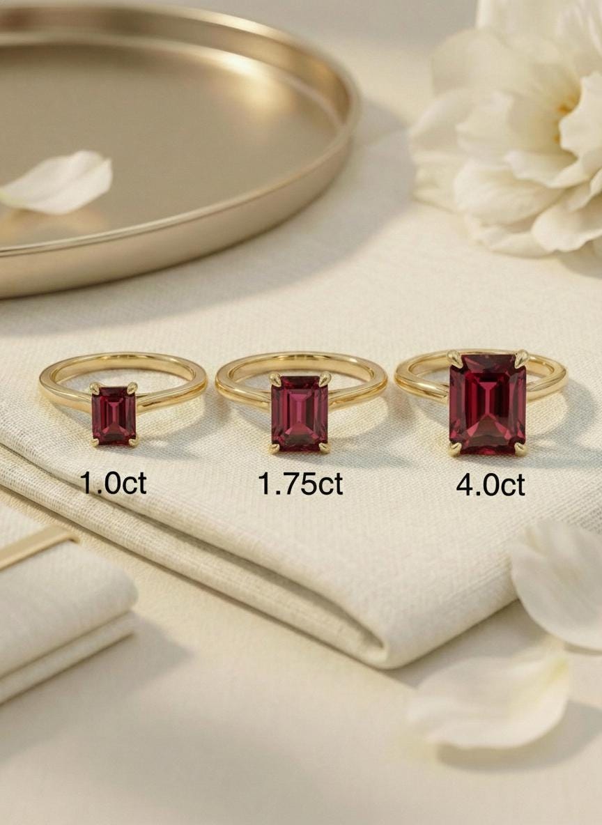 Emerald Cut Garnet Ring, Solitaire Engagement Ring, Minimalist Promise Ring for Her, January Birthstone