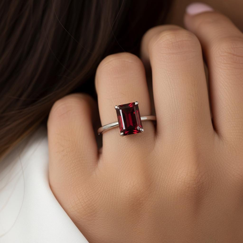 Emerald Cut Garnet Ring, Solitaire Engagement Ring, Minimalist Promise Ring for Her, January Birthstone