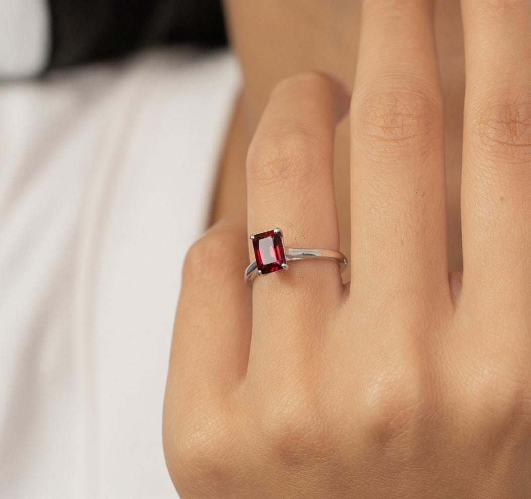 Emerald Cut Garnet Ring, Solitaire Engagement Ring, Minimalist Promise Ring for Her, January Birthstone