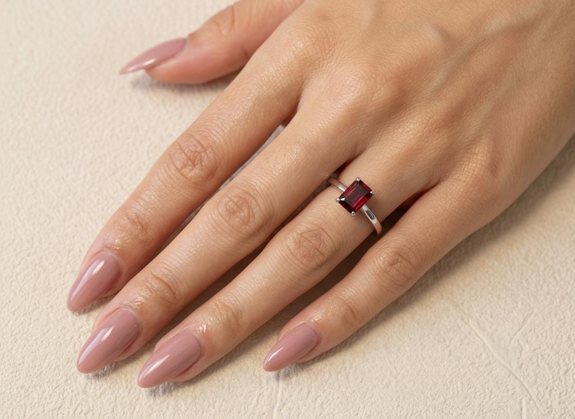 Emerald Cut Garnet Ring, Solitaire Engagement Ring, Minimalist Promise Ring for Her, January Birthstone