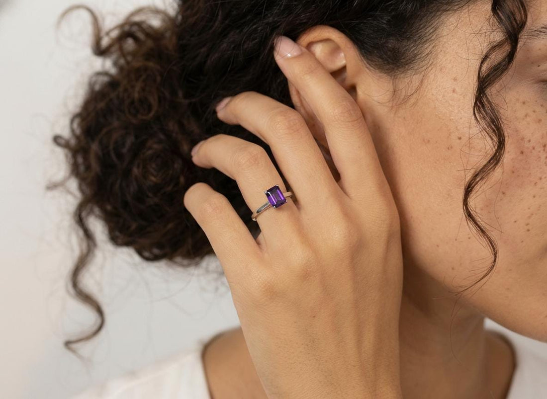 Amethyst Ring Solitaire Engagement Ring Emerald Cut February Birthstone Jewelry