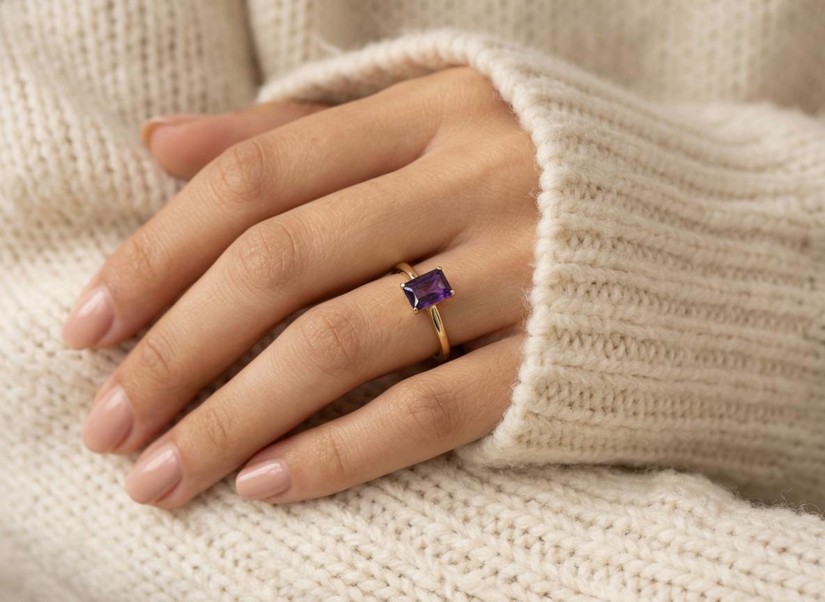 Amethyst Ring Solitaire Engagement Ring Emerald Cut February Birthstone Jewelry