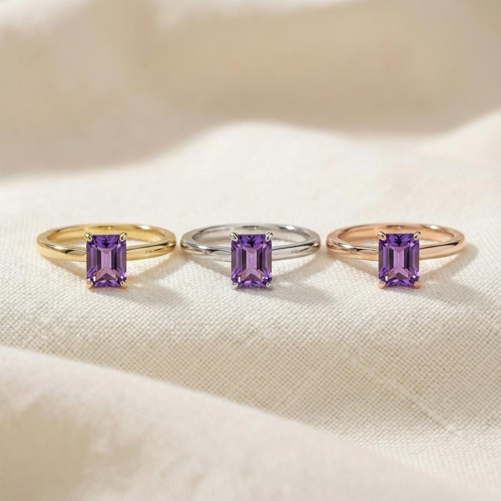 Amethyst Ring Solitaire Engagement Ring Emerald Cut February Birthstone Jewelry