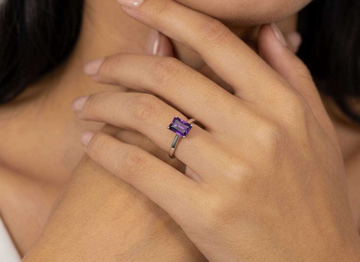 Amethyst Ring Solitaire Engagement Ring Emerald Cut February Birthstone Jewelry