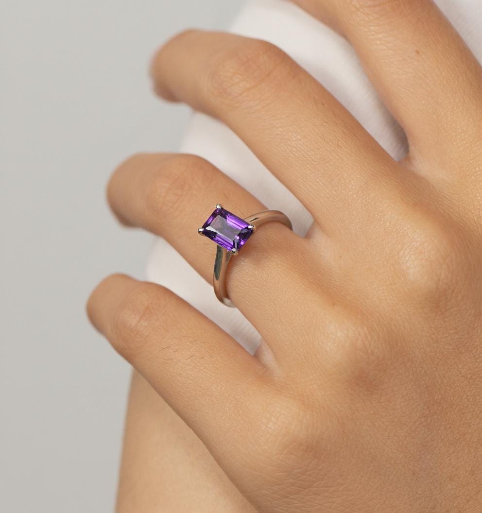 Amethyst Ring Solitaire Engagement Ring Emerald Cut February Birthstone Jewelry