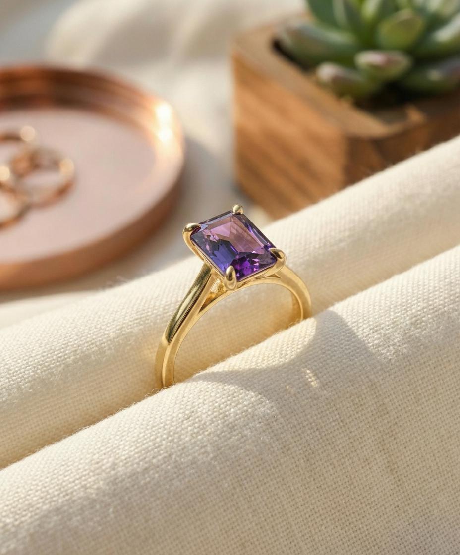 Amethyst Ring Solitaire Engagement Ring Emerald Cut February Birthstone Jewelry