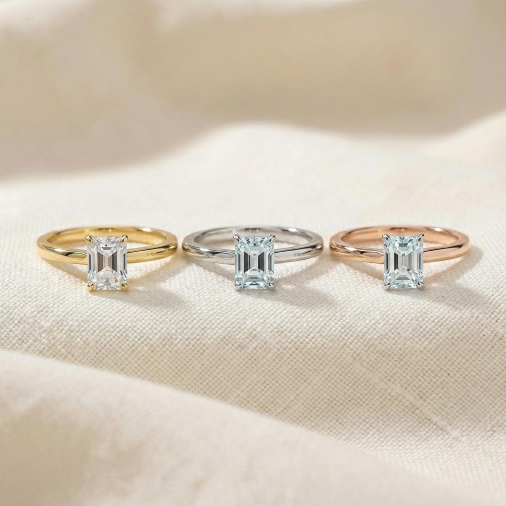Emerald Cut Aquamarine Ring Solitaire Engagement Ring Silver March Birthstone Promise Ring Minimalist Light Blue Gemstone Anniversary Gift